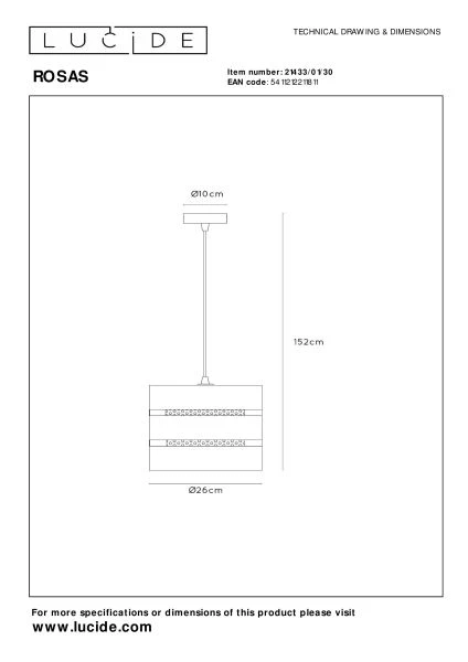 Lucide ROSAS - Pendant light - Ø 26 cm - 1xE27 - Black - technical